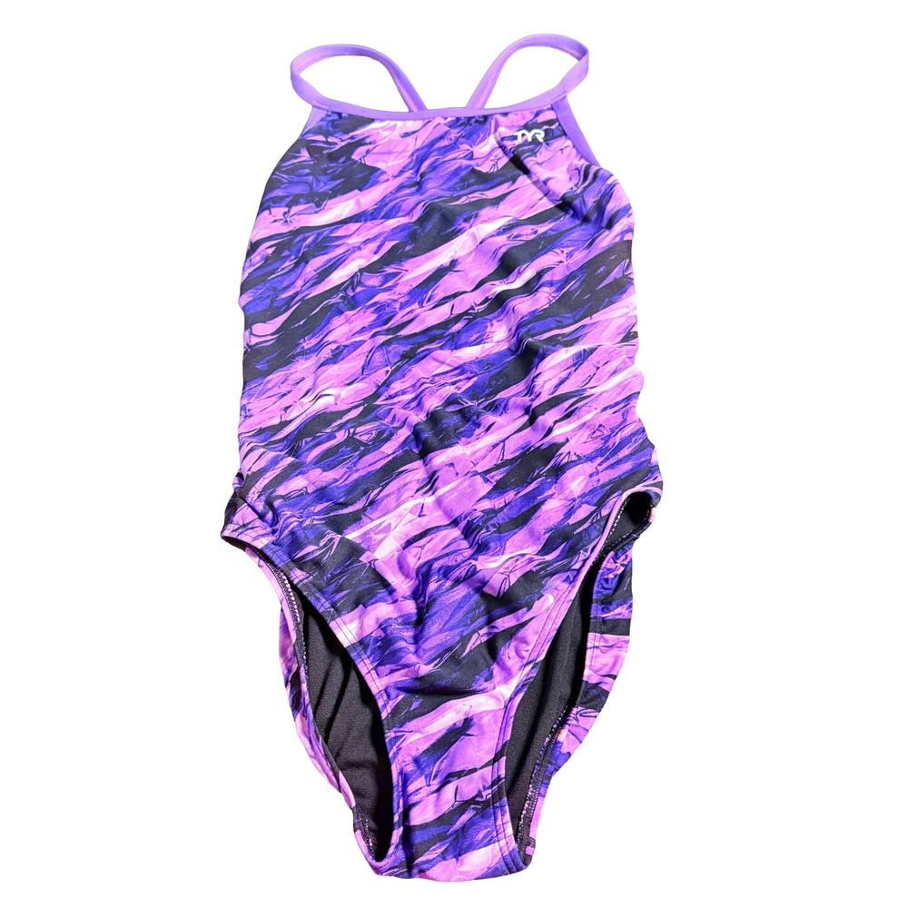 TYR Womens Purple Black Abstract Print Crossback One Piece Swimsuit Size 36 L
